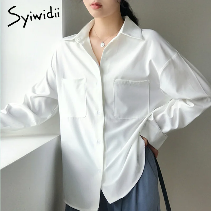 Syiwidii рубашка женская шифоновая и блузка мода однотонный белый элегантный OL