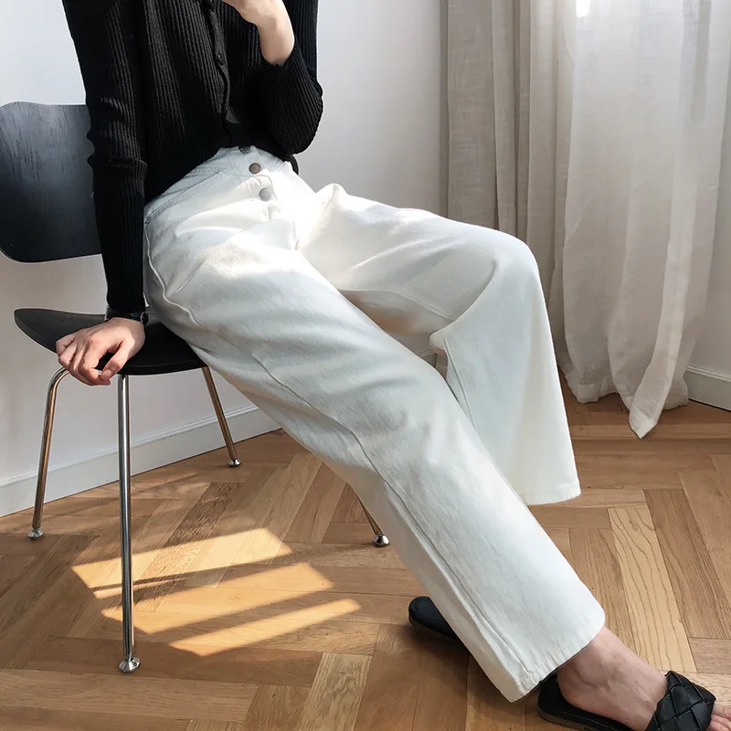

New high-waisted single-breasted jeans 2021 spring female Korean version of the old pants loose drape wide-leg pants straight lo