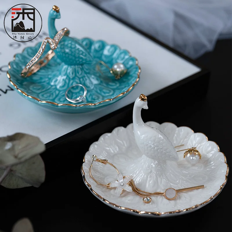 

Ceramic Peacock Ring and Jewelry Tray Ear Stud Showing Stand Ornament Receiving Tray Creative Decoration Home Decoration