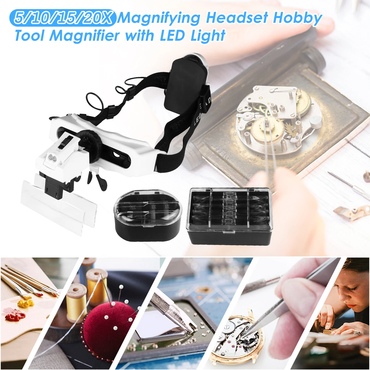 

KKmoon 5/10/15/20X Magnifying Headset with LED Light Magnifying Glass Head Mounted Jewelry Loupe Magnifier with Multiple Lens