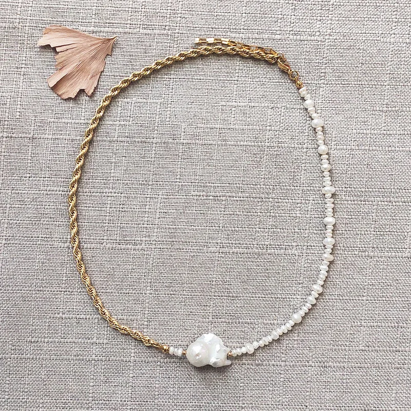 

Handmade baroque freshwater pearl pendant necklace stainless steel chain real pearl stitching for women exquisite fashion choker