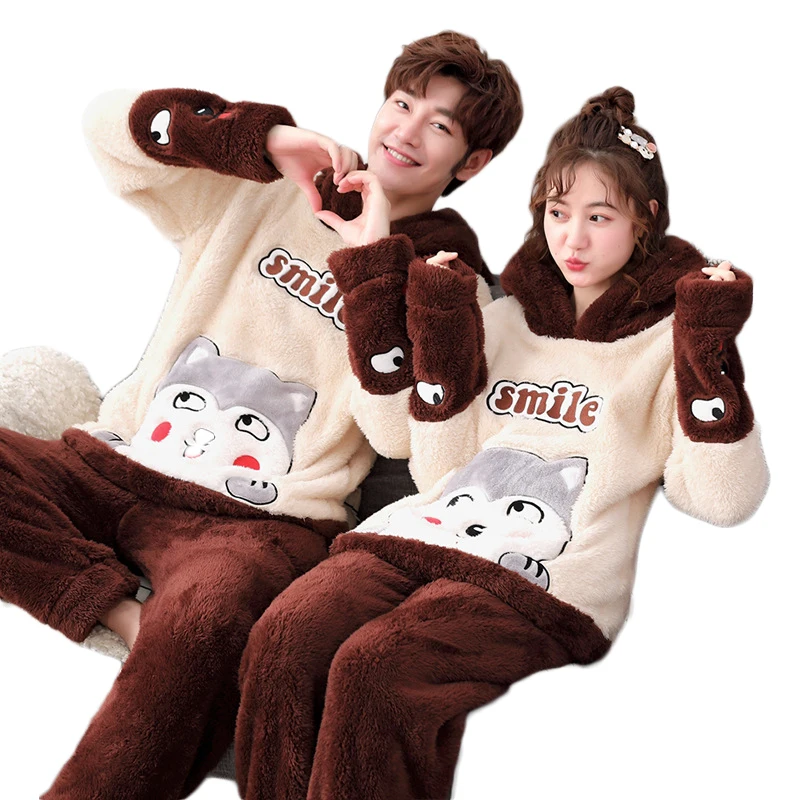 Коралловая пара пижам для мужчин и женщин осень/зима длинный рукав без плюша