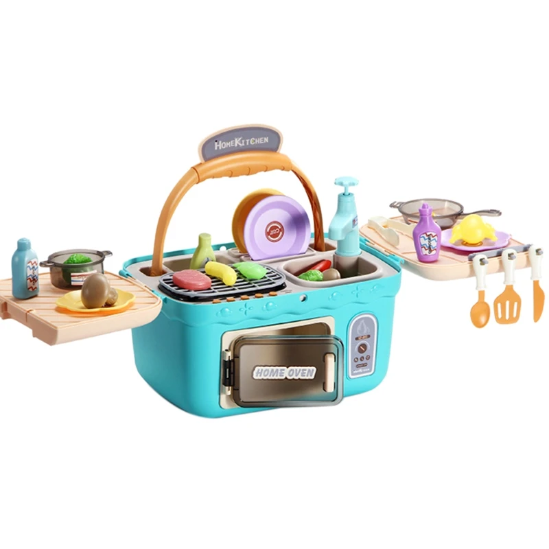 

Kids Picnic Basket Toys Portable Picnic Kitchen Toy 4 in 1 Play Oven Grill Cooking Toy Color Changing Foods Playset