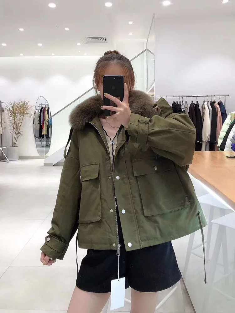 

Пуховик женский зимний с большими карманами, Воротник из натурального Лисьего меха, FN00987, 2021