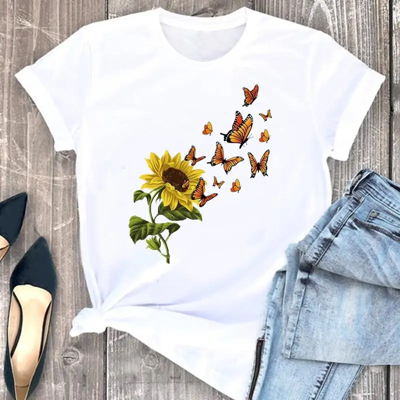 

Женская одежда, модная мультяшная футболка с коротким рукавом и принтом, женский тренд с бабочками и цветами, топ 90-х, футболка с графическим...