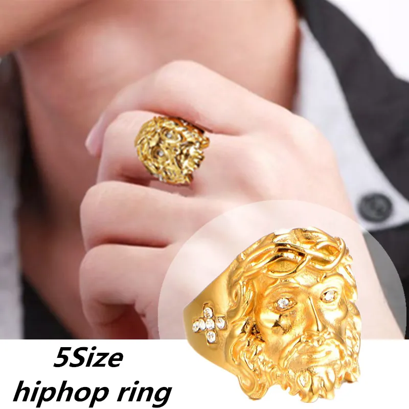 

5 Size Fashion Religious Jesus Christ Gift Party Alloy Hip Hop Punk Gold Color Unisex Women Male Crystal Ring Wedding Bands