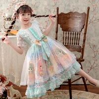 Girls Kawaii Sweet Cute Princess Lolita Dress Kids Summer Vintage  Printed Patterns Lace Pink Blue Skirt And Headband Suit