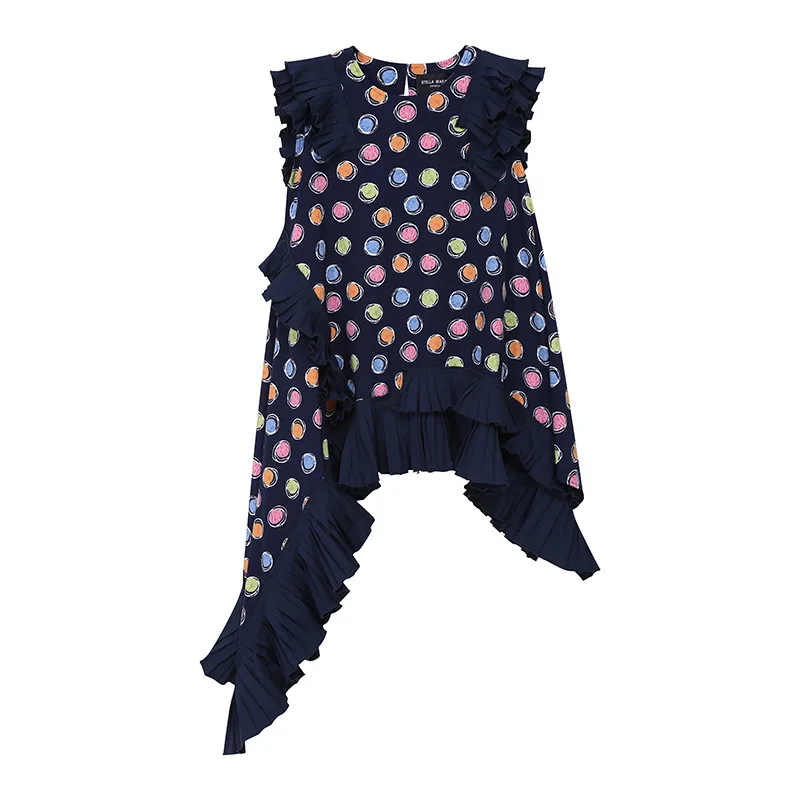 

2020 Spring Summer New Women's Fashion Pleated Irregular Sleeveless Women Dress Dot Party Dress Vestidos