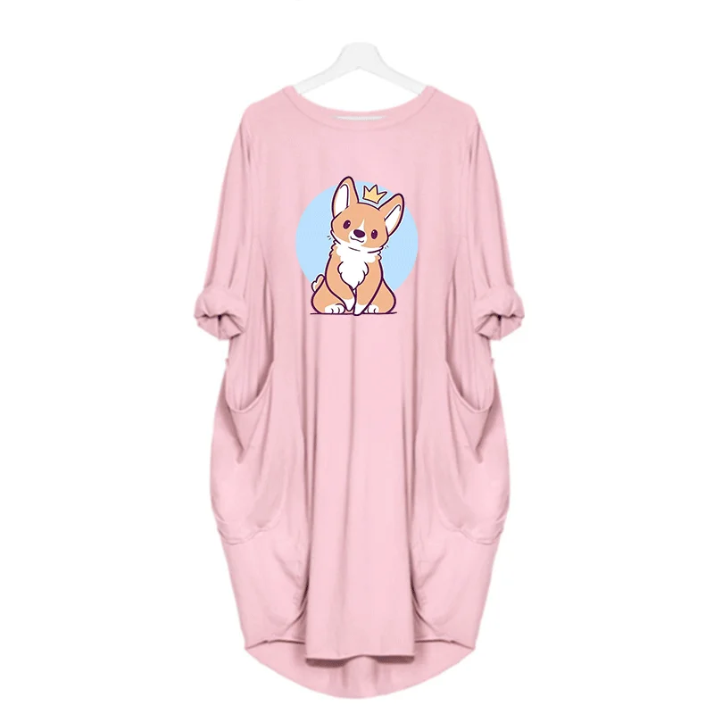 

Autumn Midi Dress Long Sleeve Printing Cute Dog Corgi Dresses for Women 2021 Pocket Loose Casual Robe Simplicity Vestidos Kawaii
