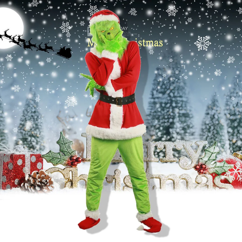 

Christmas Fancy Suit Green Monster Cosplay Costume with Mask Gloves Carnival Outfit for Adult Men