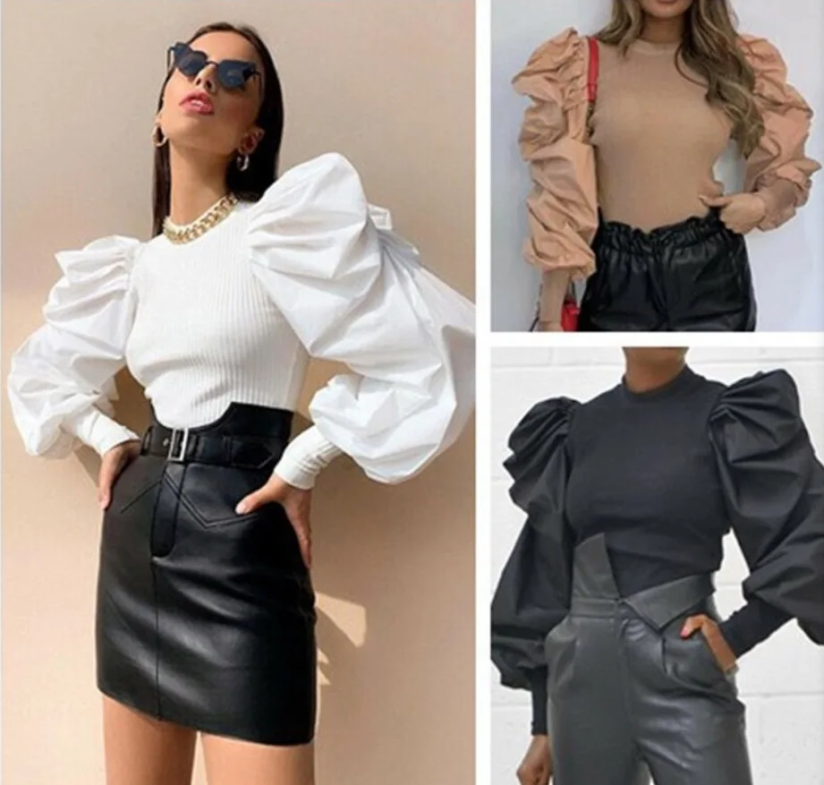 

Женский трикотажный свитер с рюшами, Повседневный свитер с круглым вырезом и длинным рукавом-фонариком в стиле пэчворк, модная одежда, Нови...