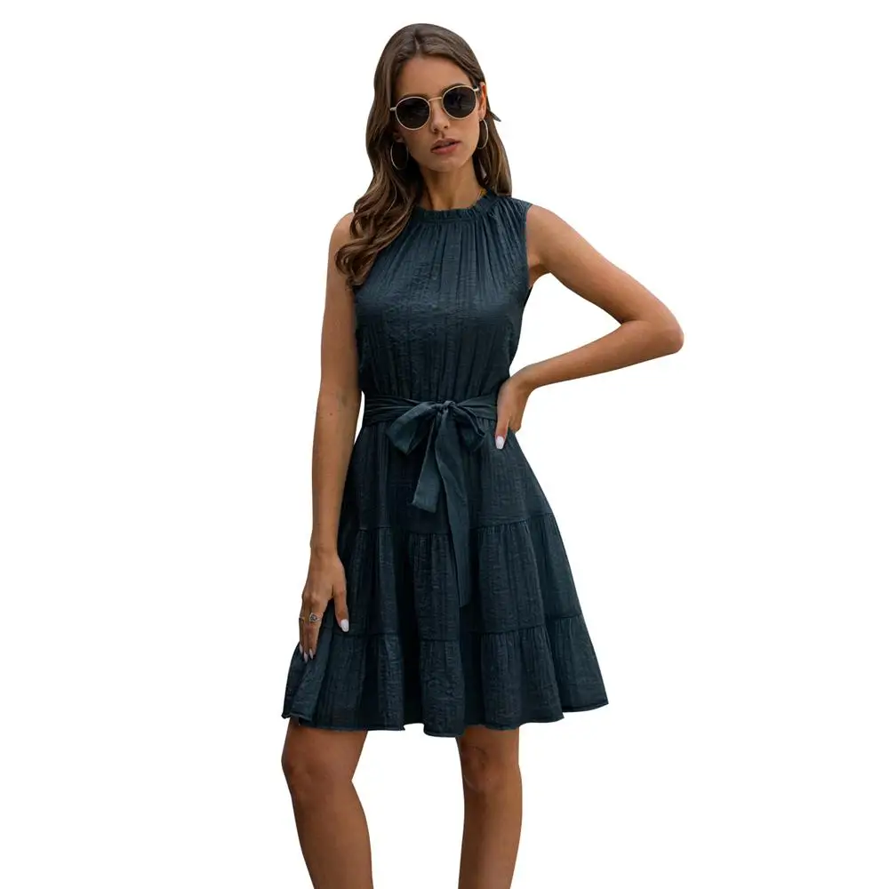 

ZITY Summer Dresses Women Sleeveless Casual Solid Slim Ladies Backless Sashes O-neck A-Line Midi Dress Female Sundress Vestidos