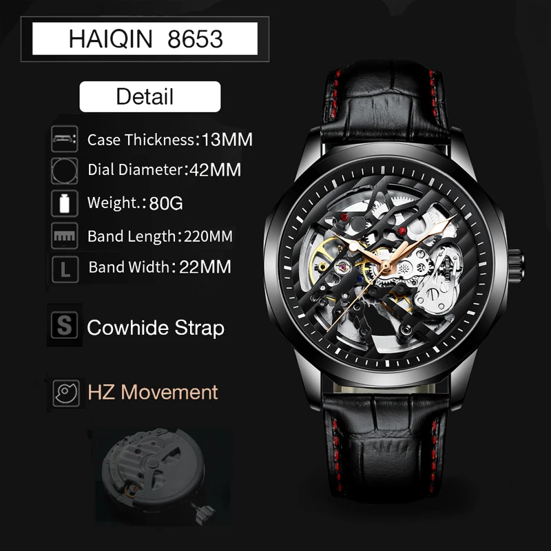 

HAIQIN 2020 Skeleton watch men Automatic men watch Mechanical brand Luxury Hollow men;s wristwatch waterproof Leather Tourbillon