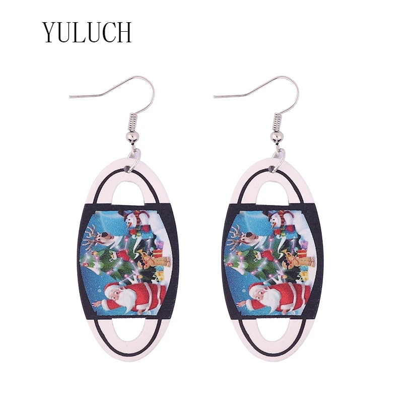 

YULUCH Woman natural wood exaggerated shape double-sided printing Christmas earrings girl holiday main picture pendant jewelry