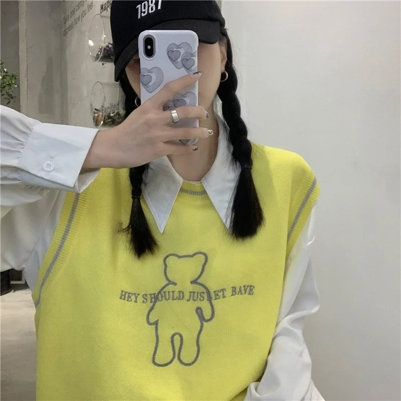 

Korejepo Women Sweater 2021 Spring Autumn Japanese Sweet Temperament College Style Ins Bear Embroidered Sleeveless Knitted Vest