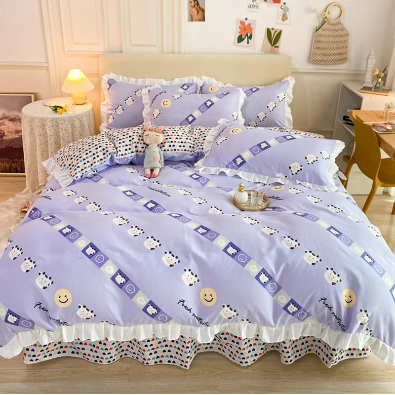 2021 Cute Lion White Bedding Set Kids Colorful Duvet Cover For Girls Bed Skirt Autumn 3/4 Pieces Lace Cartoon Linen | Дом и сад