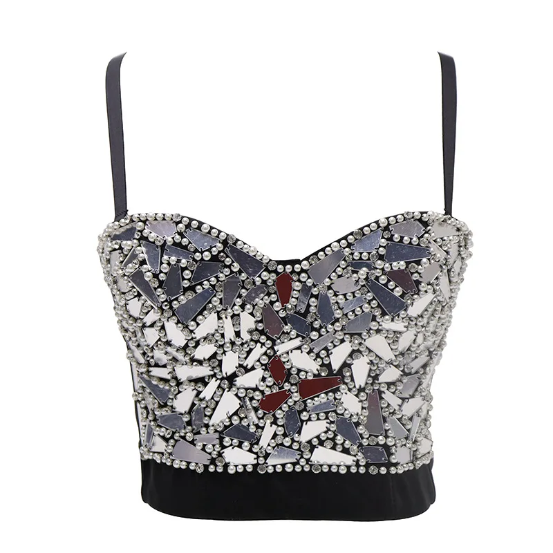 Luxurious Diamond-Studded Crop Top Women Beadings Mosaic Camis Tank Top Club Party Short Cloth Ropa De Mujer