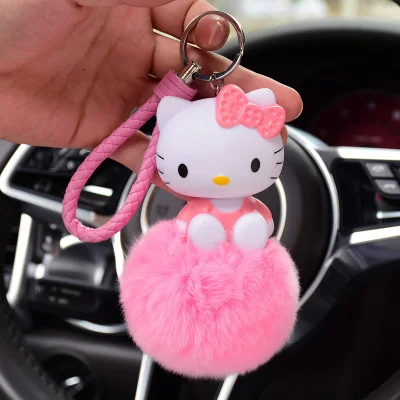 2 Кожаный брелок для ключей в виде медведя из мультфильма «hello kitty», «hello kitty», «Lucky Cat», пушистый кролик, помпон, брелок для ключей, кольцо-держатель - Color: 2