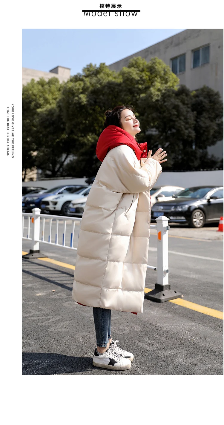 Новые женские пальто с капюшоном длинные пальто парка негабаритная куртка Лоскутная Длинная женская зимняя Толстая куртка Свободная пуховая куртка женская зимняя