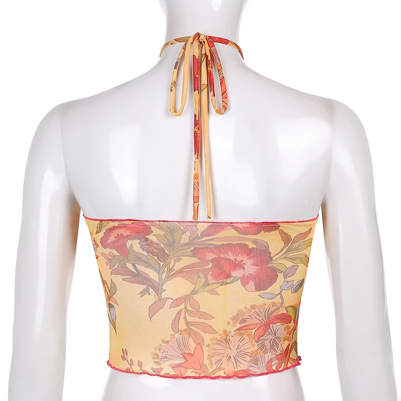 Женский укороченный топ с цветочным рисунком Y2k сетчатый прозрачный сексуальный