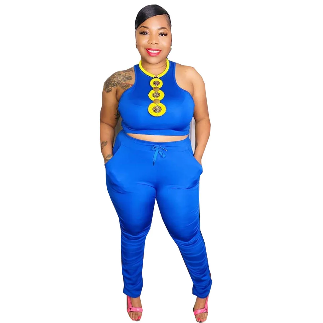 

Cutubly Two Piece Set Casual Streetwear Sleeveless Two Piece Set Women Solid Stacked Pants Lace-Up Trousers Plus Size Tracksuit