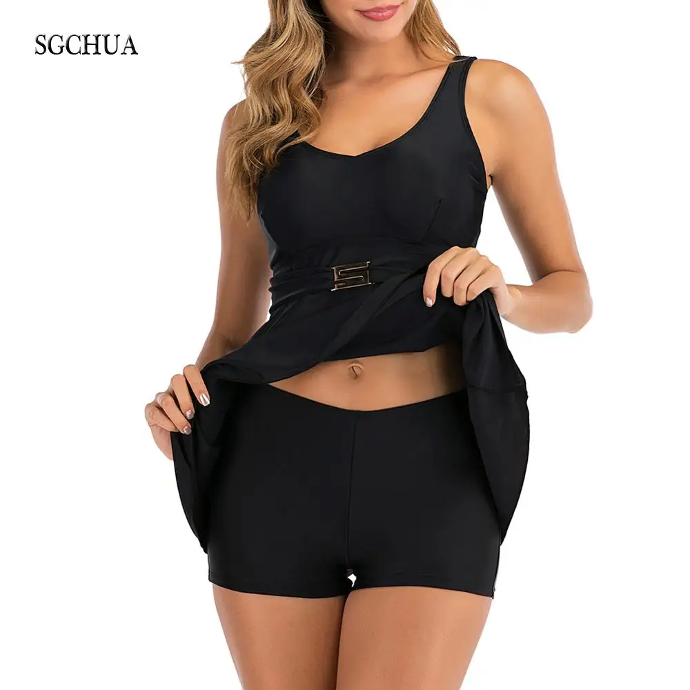 SGCHUA 2020 New Solid Black 5XL Tankini with Golden S Belt Plus Size XXXL Two Piece Swimsuit Women Beach Boxer Swimwear for Fat