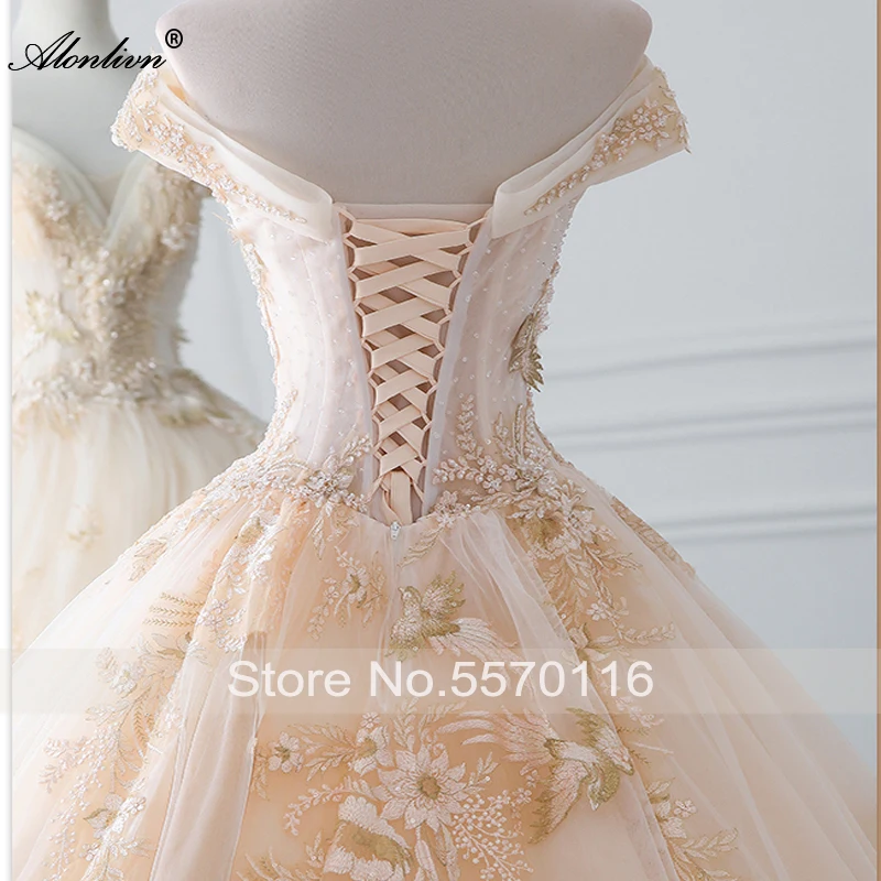 Alonlivn Lustrous Bling Appliques Beading Crystals Ball Gown Wedding Dress Chapel Train Scalloped Neck Bridal Gowns
