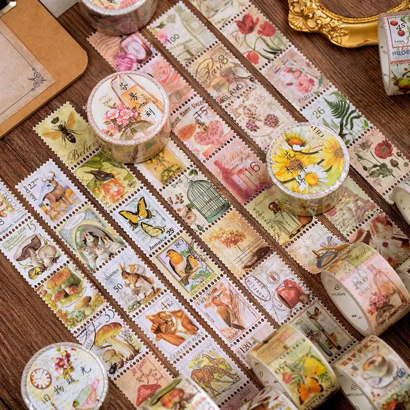 

Retro Stamp Philately Series Bullet Journal Washi Tape Plant Mushroom Decorative Adhesive Tape DIY Scrapbooking Sticker Label