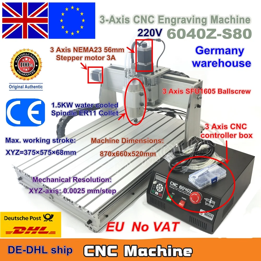 EU Ship free VAT 3 Axis 6040Z-S80 1.5KW 1500W Mach3 CNC Router Engraver Engraving Milling Cutting Machine 220V LPT port