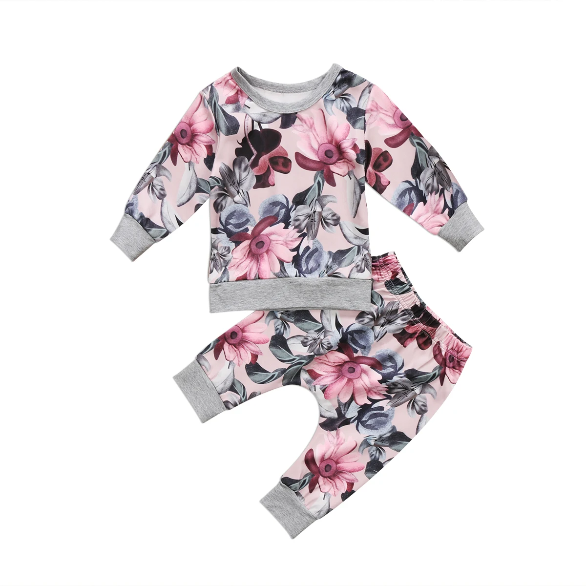 

2Pcs Toddler Kids Newborn Baby Girls Clothes Floral Long Sleeve T shirt Tops Floral Pants Outfits Set