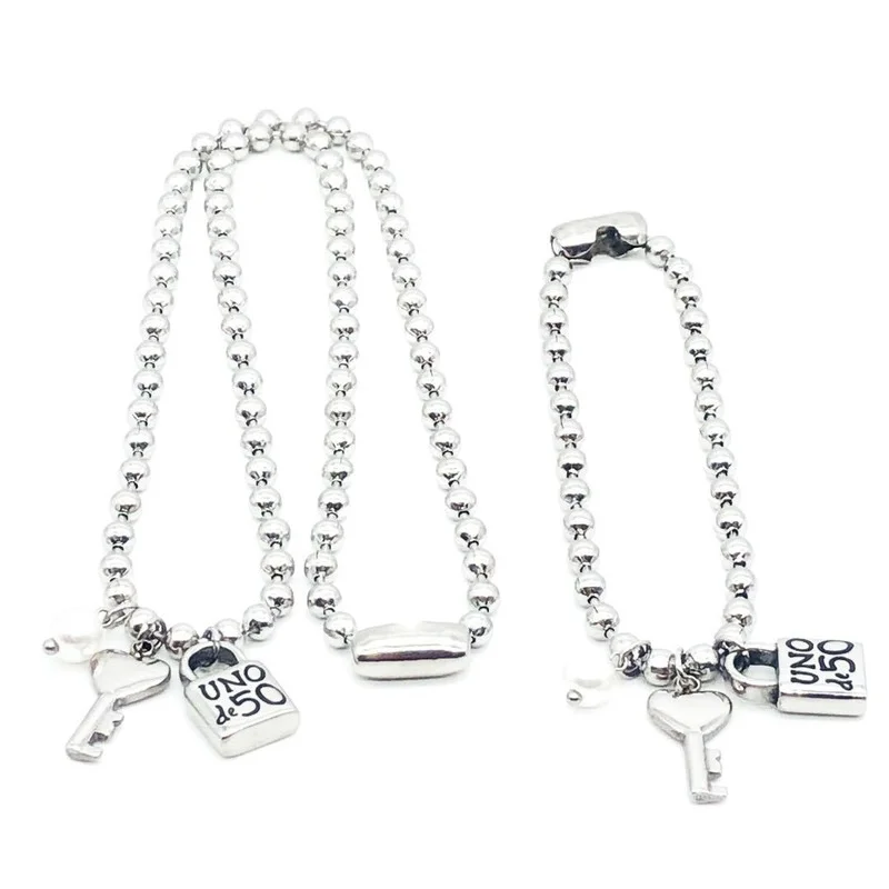 

Fashion 4mm Steel Ball Uno 50 Heart Key Lock Stainless Steel Jewelry Sets for Women Neckalce and Bracelet for Women