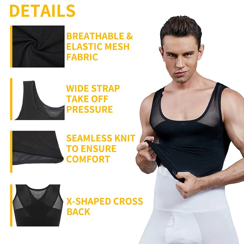 Men Power Net Body Shaper Slimming Vest Chest Waist Trainer Compression Shirt Tight Undershirt to Hide Tank Top