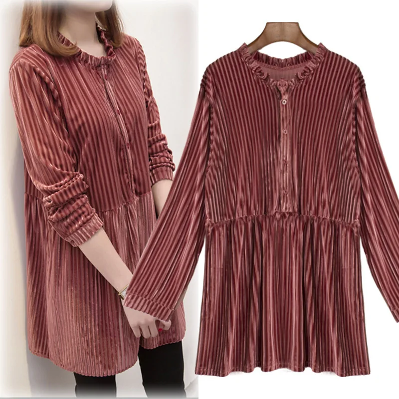 Women blouses plus size 2020 spring new fashion Vintage O-Neck velvet Long women clothing black pink streetwear office blouse | Женская