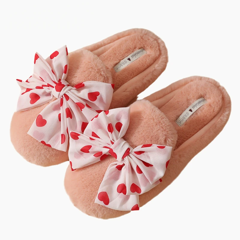

2020 Winter New Knot-Bow House Women Fur Slippers Warm Plush Bedroom Flat Ladies Dots Shoes Non-slip Chic Ladies Furry Slides