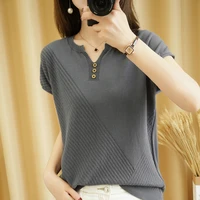 pure cotton t shirt women 2021 summer new v neck pullover solid color knitwear plus size casual sweater short sleeved tees hot