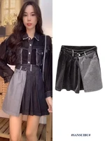 vintage pleated skirt fashion irregular high waisted contrast color stitching a line denim skirts womens faldas mujer moda 2021