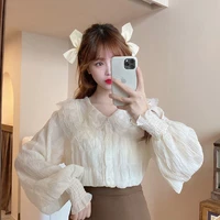 french shirt elegant lace ruffles lantern sleeve peter pan collar folds button shirt korean fashion sweet loose womens blouse