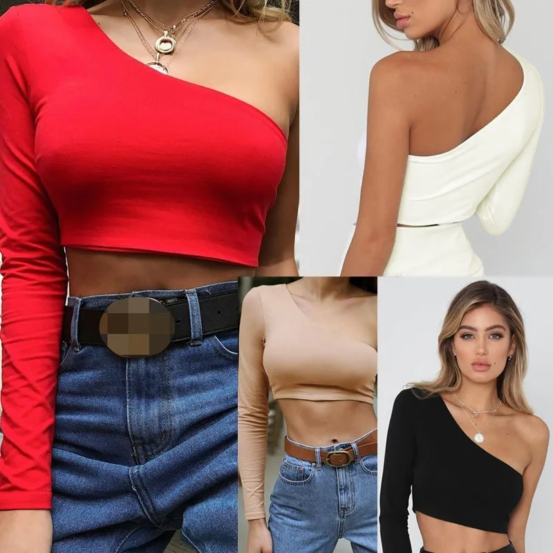 Hot 2020 Summer New Women's Tops European Fashion Sexy One-shoulder Skew Collar Cropped Sports Vest Short T-shirt Women