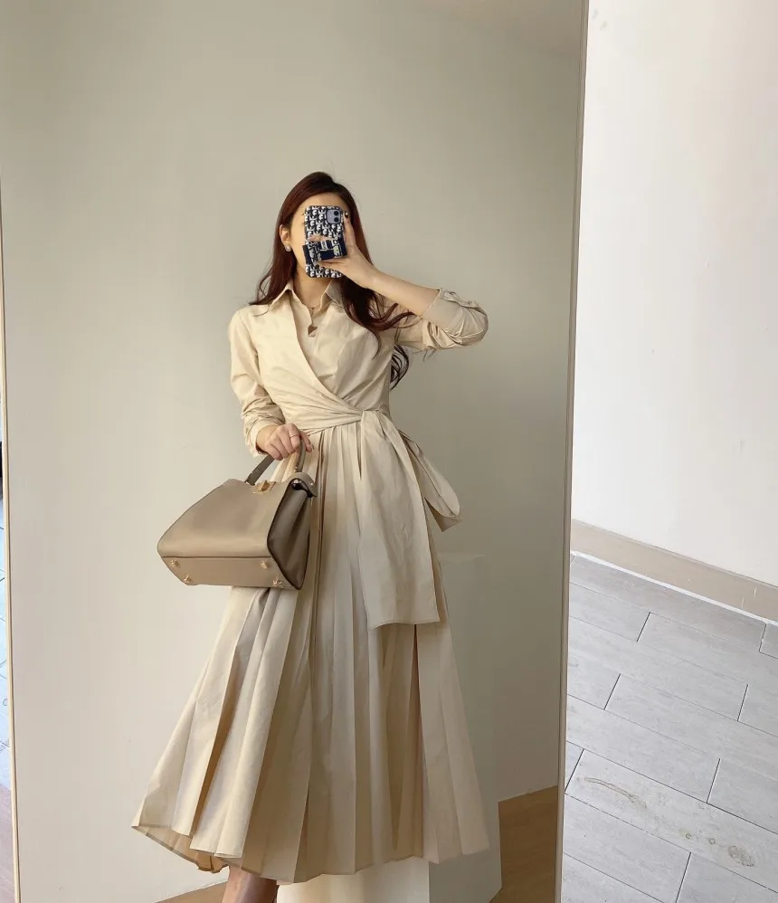

ZCSMLL Lapel Women Vestido Cross Straps Waist Slimming Long-sleeved Pleated Dress Long Skirt Women 2021 Spring Summer