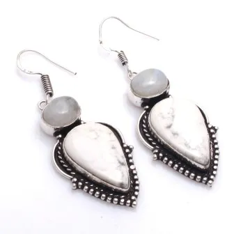 

Genuine Howlite + Moonstone Earrings Silver Overlay over Copper , Hand made Women Jewelry Gift, 56 mm, E6385