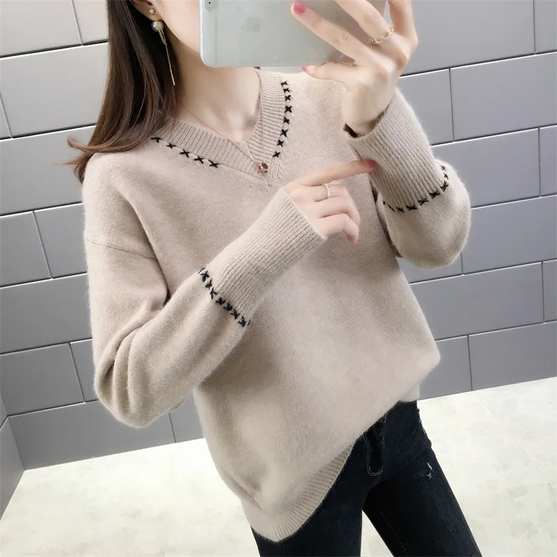 Женский модный свитер с v-образным вырезом тонкий вязаный женский пуловер |