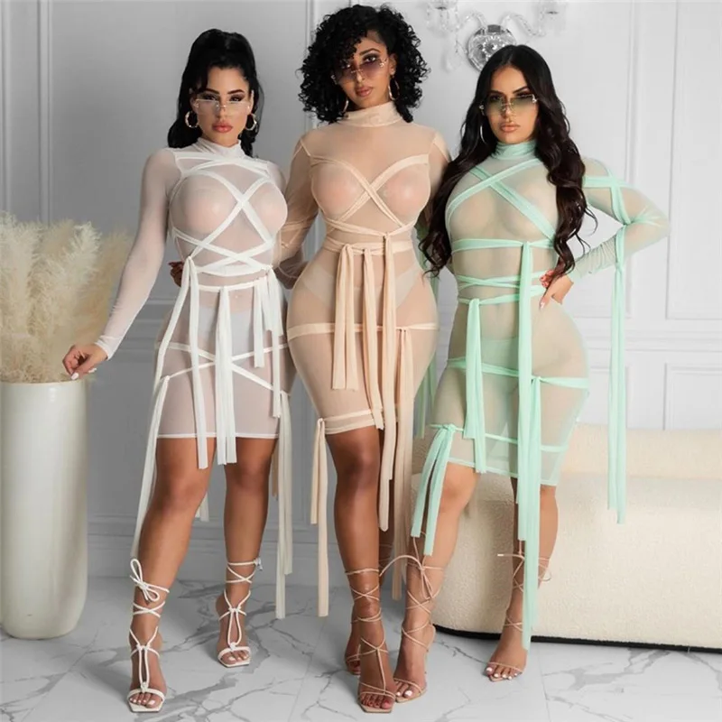 

2021 Stylish Streetwear Sexy Maix Dress Women Turtleneck Long Sleeve Mesh See-through Party Club Patchwork Clothes