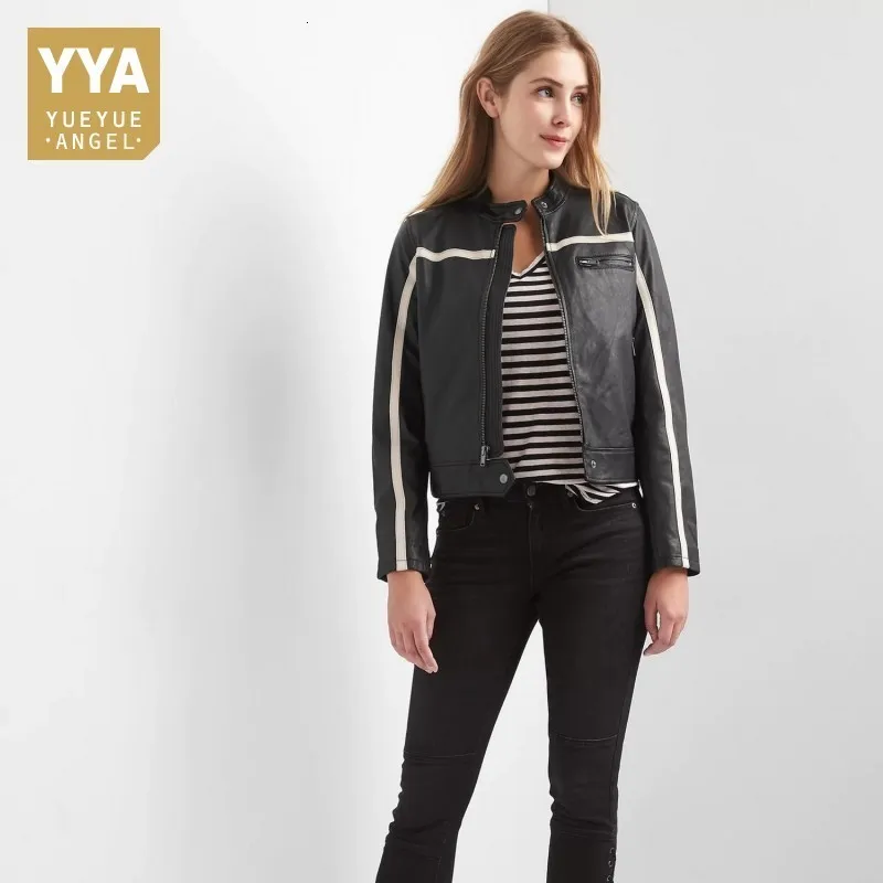 Женская короткая байкерская куртка из натуральной кожи с карманами|Кожаные