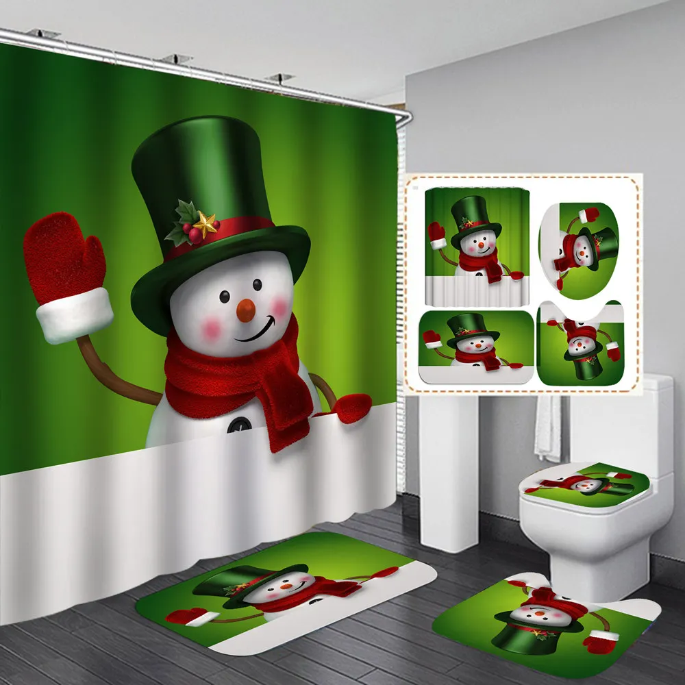 

Симпатичная зеленая занавеска для душа из полиэстера с изображением снеговика, нескользящий коврик для ванной, крышка для унитаза, коврики,...