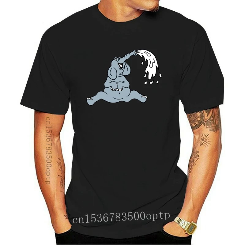 

New Create Slogan Water Splash Fountain Elephant Sitting Funny Comic T Shirt For Men Cotton Fitness Men's T-Shirts