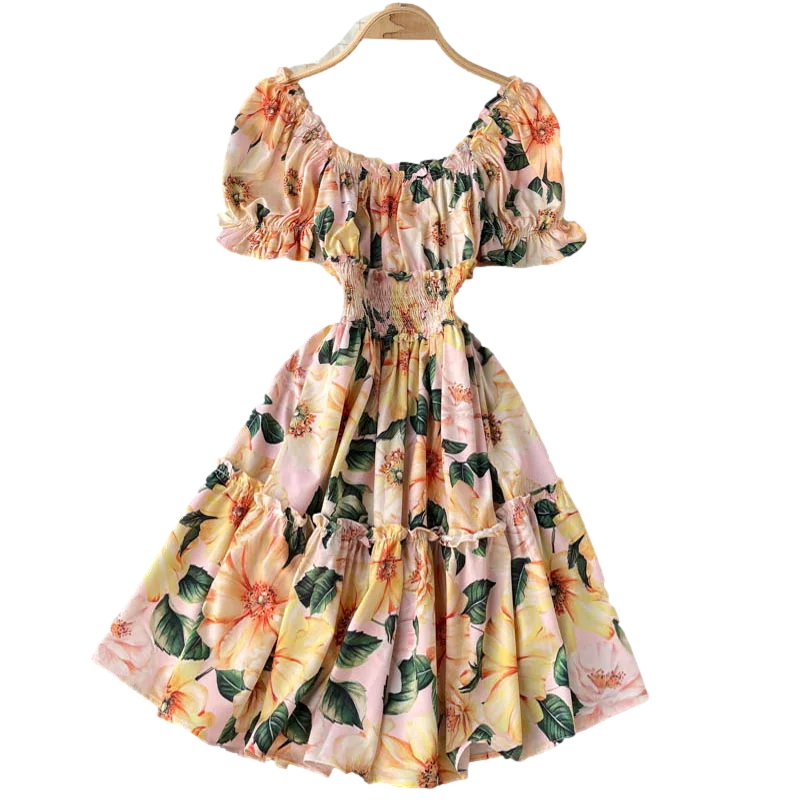 

Summer Dress Age Reduction Vestidos Female Square Collar Puff Sleeve Elastic Waist Thin Print Mini Dress GL067