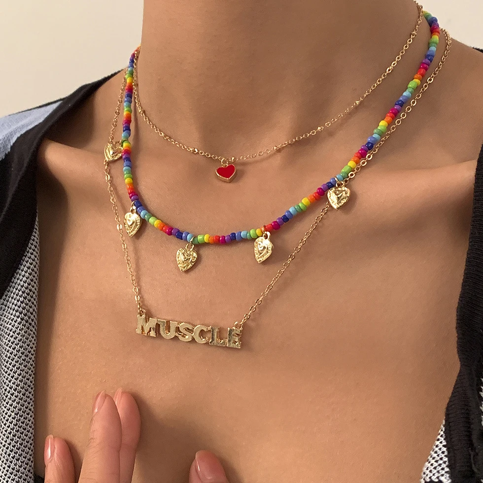 

3 Pcs/set Multilayer Chains Chokers Necklaces For Women Girls Boho Colorful Acrylic Beads With Gold Chain Necklace Women Jewelry