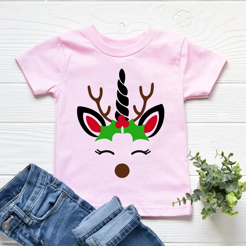 Camiseta de Feliz Navidad para ni&ntilde;os y ni&ntilde;as, camisa Kawaii con cara de unicornio, astas, ropa para ni&ntilde;os, camisetas de manga corta de los a&ntilde;os 90, 2022-3