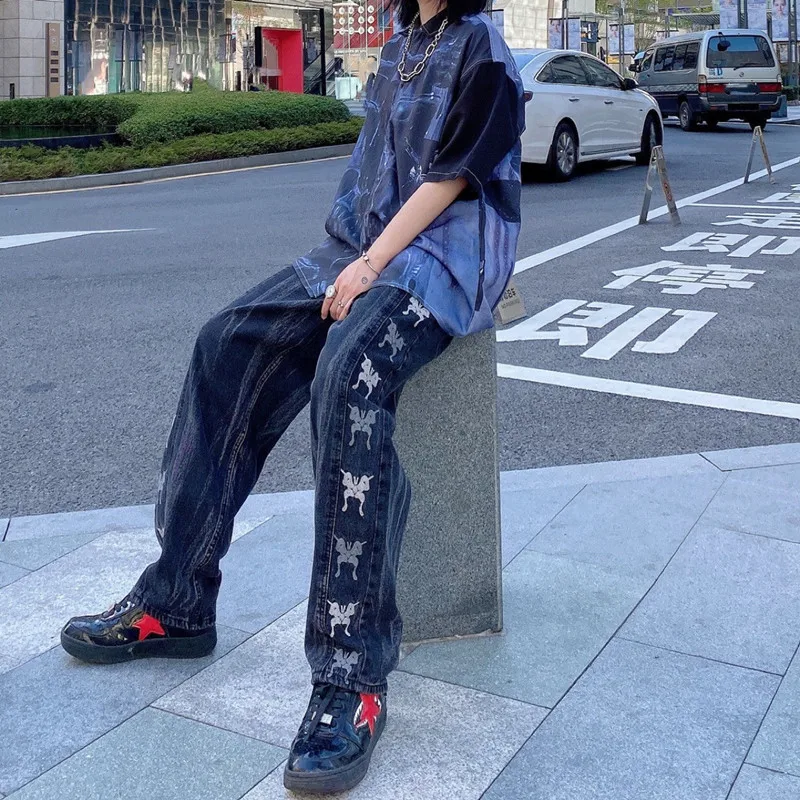 New Arrivals Butterfly Embroidery Vintage Green Men Baggy Jeans Trousers Hip Hop Straight Women Wide Denim Pants Pantalon Homme