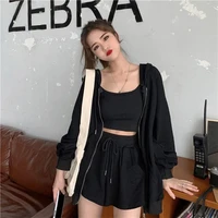 2021 springsummer sports suit solid hooded three piece sets fashion tracksuit for women casual 3 pcs sweaters new shorts sets